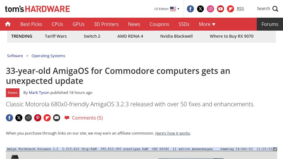 Screenshot of tomshardware.com: 33-year-old AmigaOS for Commodore computers gets an unexpected update News
