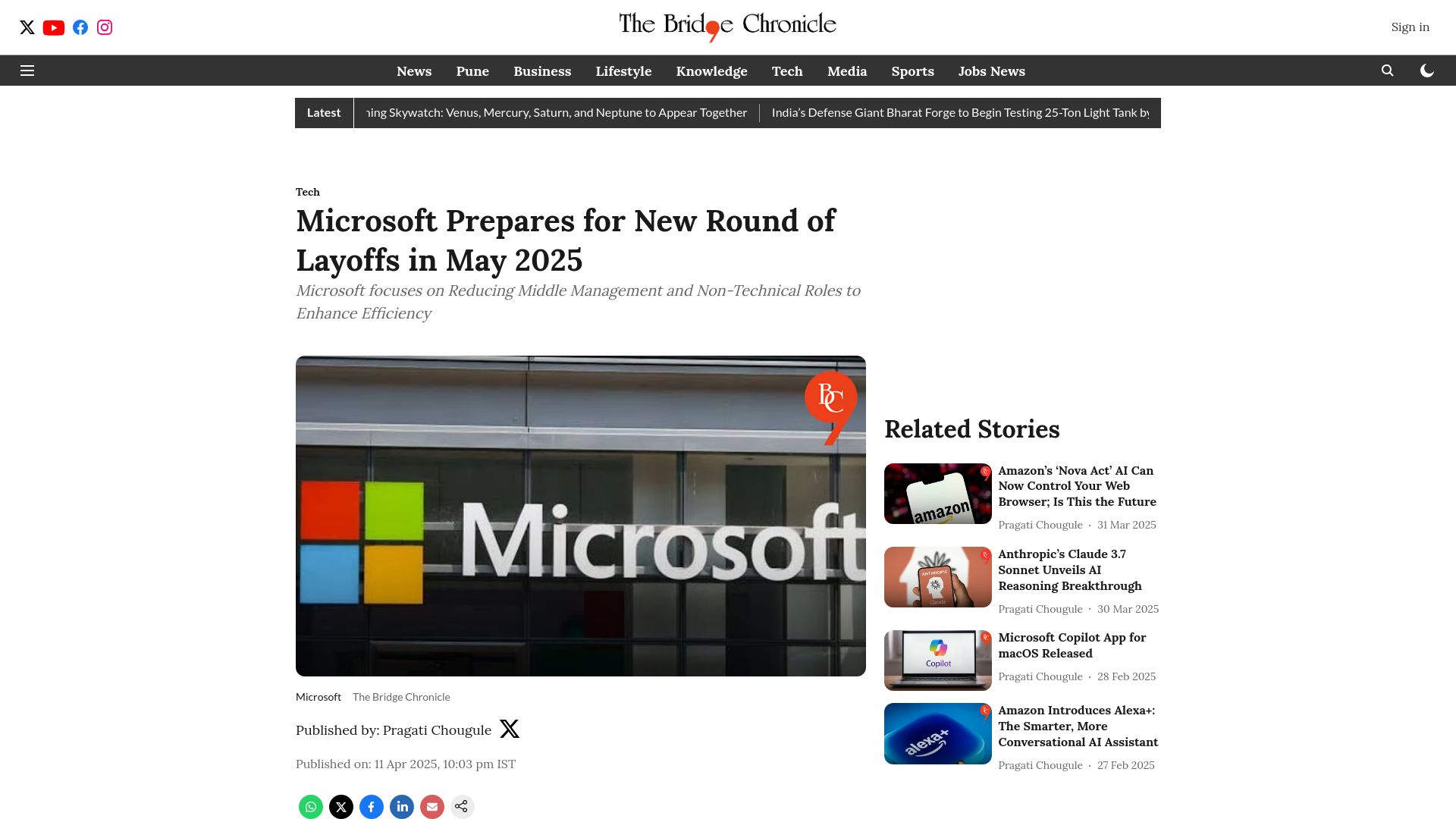 Screenshot of thebridgechronicle.com: Microsoft Prepares for New Round of Layoffs in May 2025