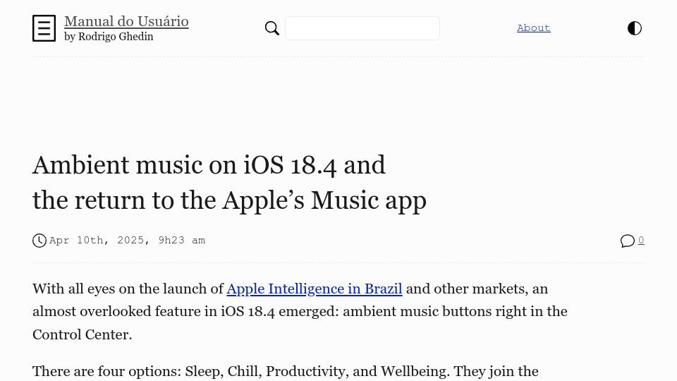 Screenshot of manualdousuario.net: Ambient music on iOS 18.4 and the return to the Apple's Music app