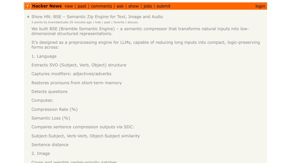 Screenshot of Hacker News post: Show HN: BSE – Semantic Zip Engine for Text, Image and Audio