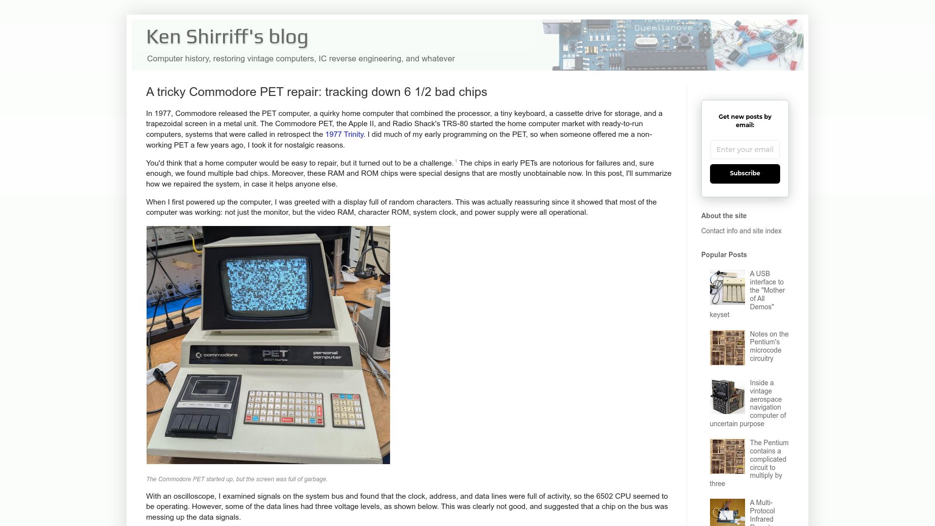 Screenshot of righto.com: A tricky Commodore PET repair: tracking down 6 1/2 bad chips