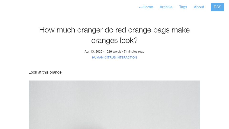 Screenshot of alexanderell.is: How much oranger do red orange bags make oranges look?