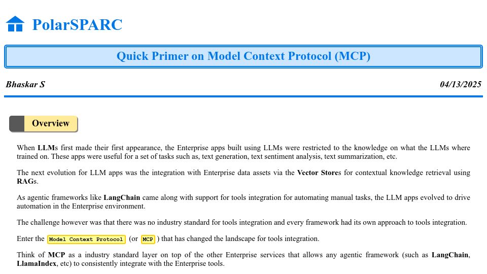 Screenshot of polarsparc.com: Quick Primer on MCP Using Ollama and LangChain