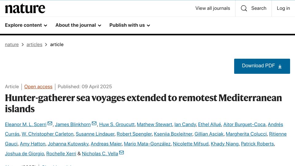Screenshot of nature.com: Hunter-gatherer sea voyages extended to remotest Mediterranean islands