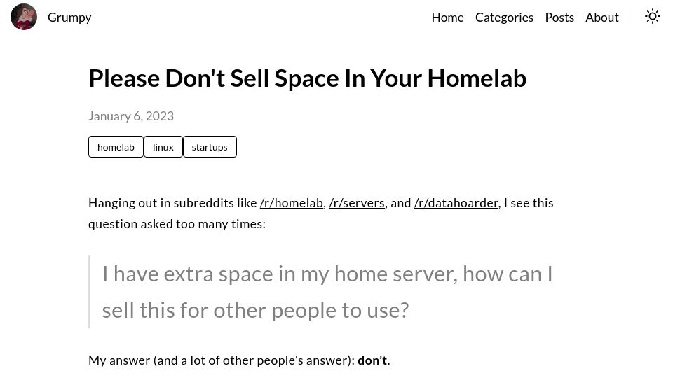 Screenshot of grumpy.systems: Don't sell space in your homelab (2023)
