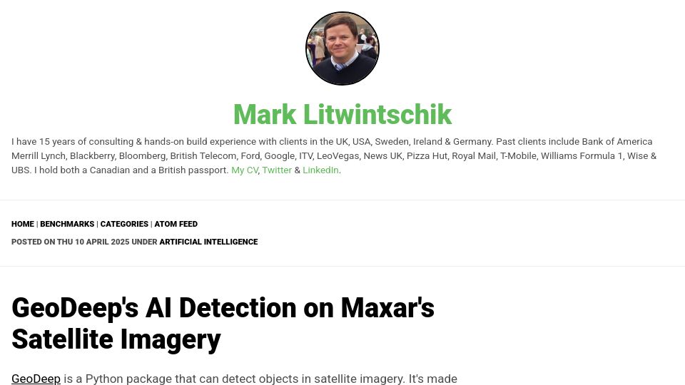 Screenshot of tech.marksblogg.com: GeoDeep's AI Detection on Maxar's Satellite Imagery