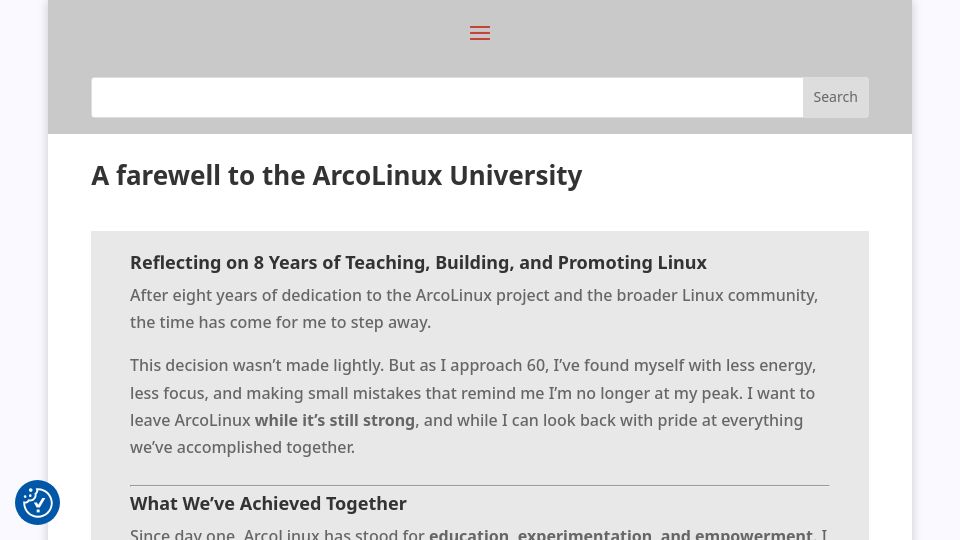 Screenshot of arcolinux.info: A Farewell to the ArcoLinux University