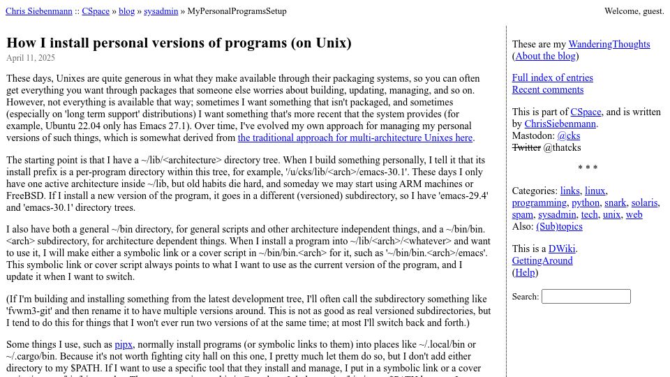 Screenshot of utcc.utoronto.ca: How I install personal versions of programs on Unix
