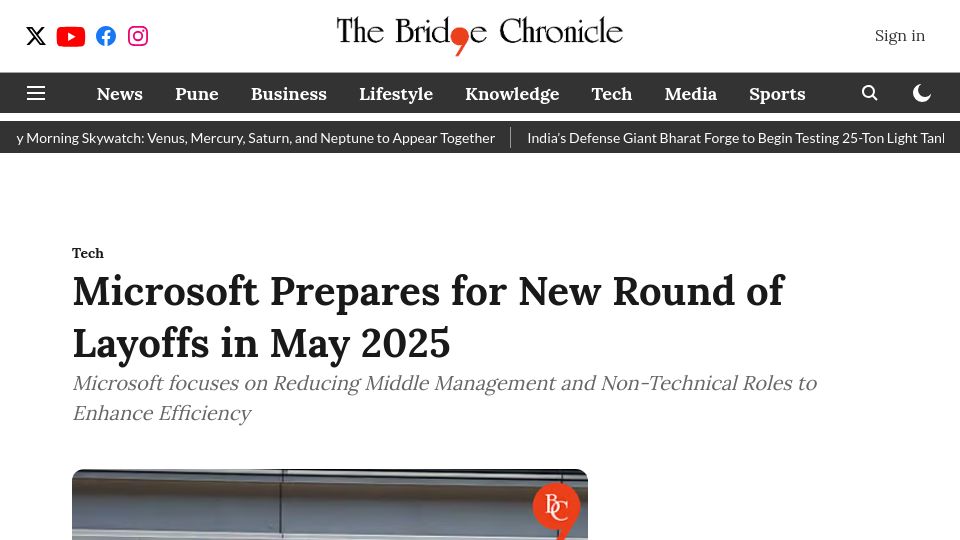 Screenshot of thebridgechronicle.com: Microsoft Prepares for New Round of Layoffs in May 2025