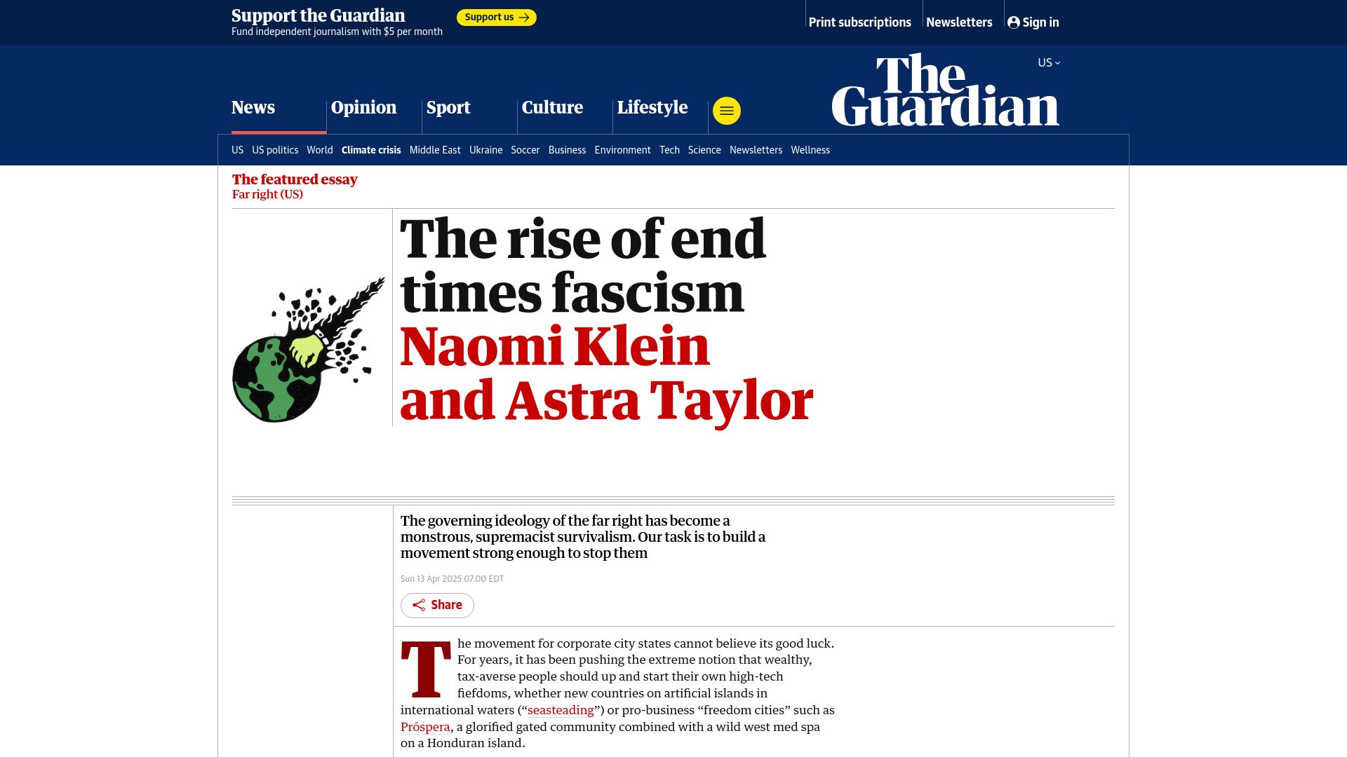 Screenshot of theguardian.com: The rise of end times fascism