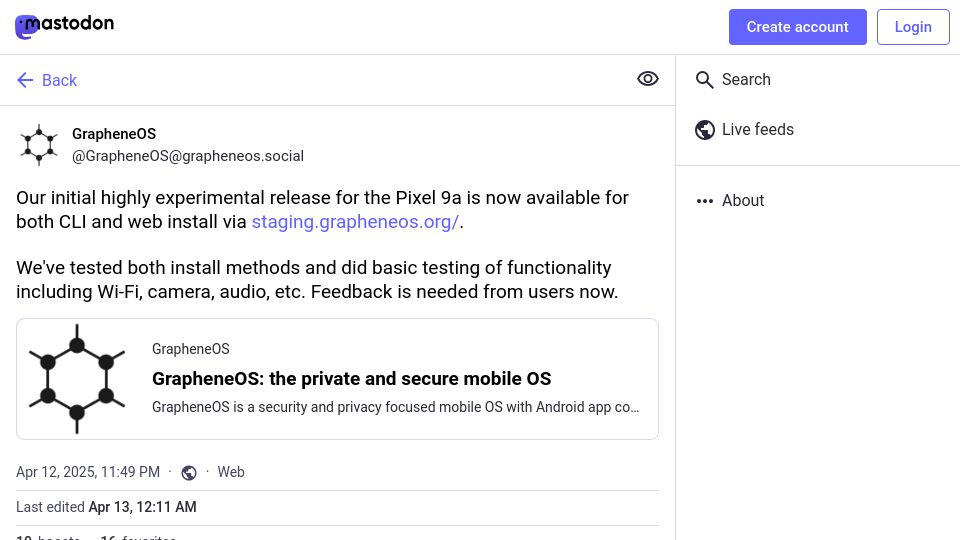 Screenshot of grapheneos.social: Experimental release of GrapheneOS for Pixel 9a