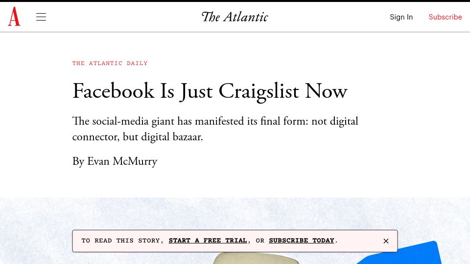 Screenshot of theatlantic.com: Facebook is just Craigslist now