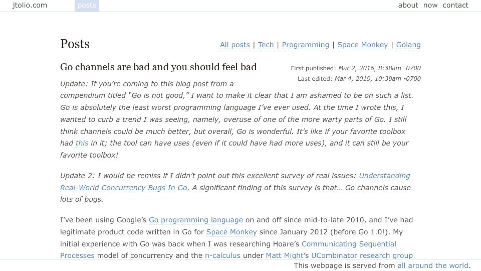 Screenshot of jtolio.com: Problems with Go channels (2016)