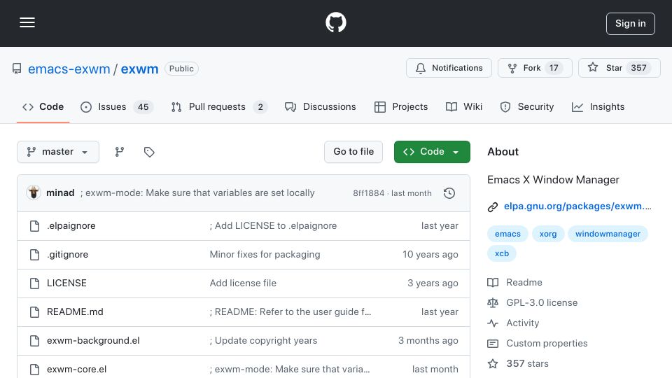 Screenshot of github.com: Exwm: Emacs X Window Manager