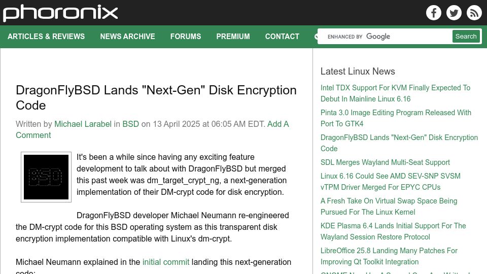 Screenshot of phoronix.com: DragonFlyBSD Lands "Next-Gen" Disk Encryption Code