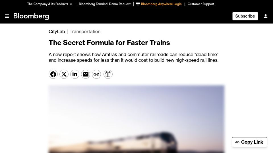 Screenshot of bloomberg.com: How to speed up US passenger rail, without bullet trains