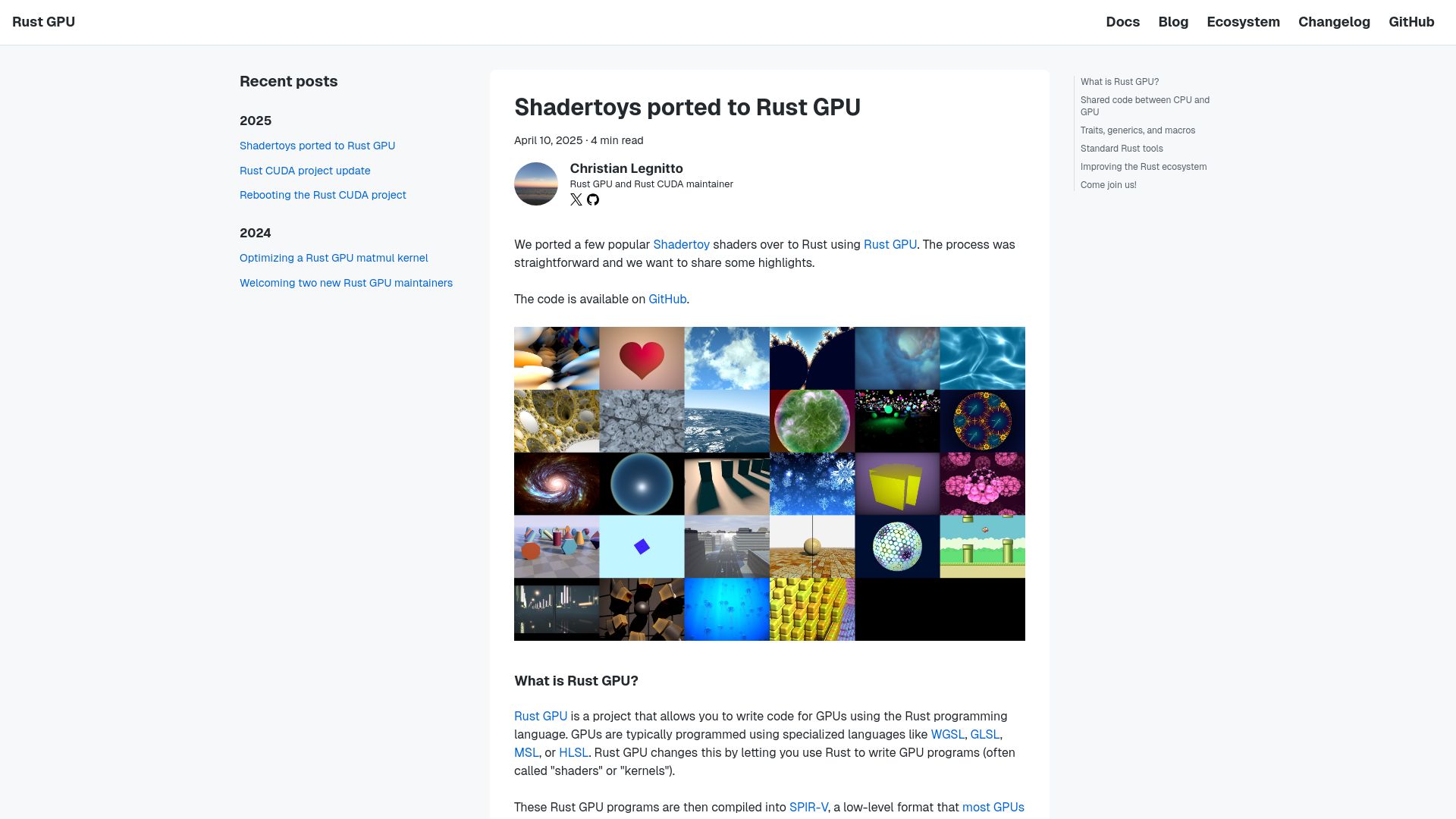 Screenshot of rust-gpu.github.io: Shadertoys Ported to Rust GPU