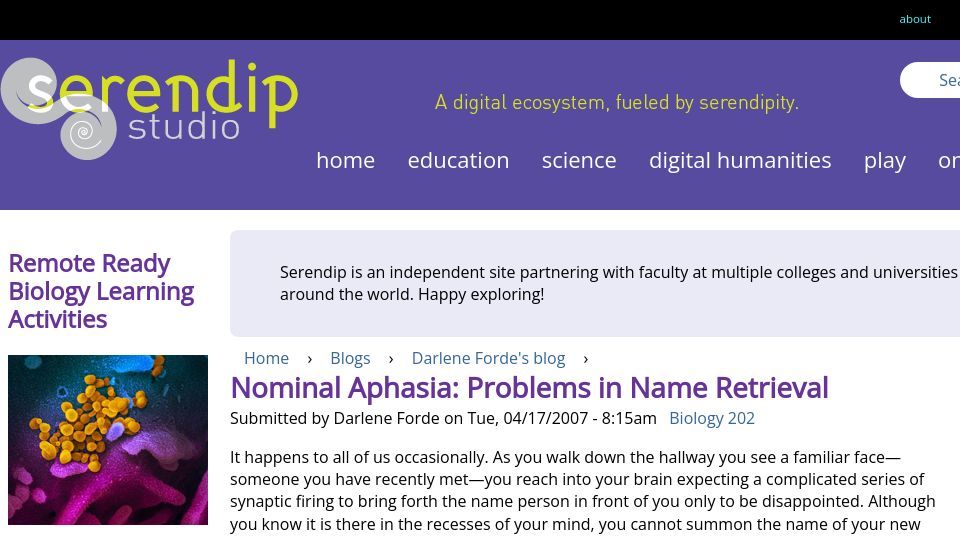 Screenshot of serendipstudio.org: Nominal Aphasia: Problems in Name Retrieval