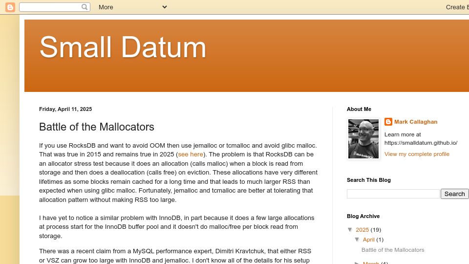 Screenshot of smalldatum.blogspot.com: Battle of the Mallocators