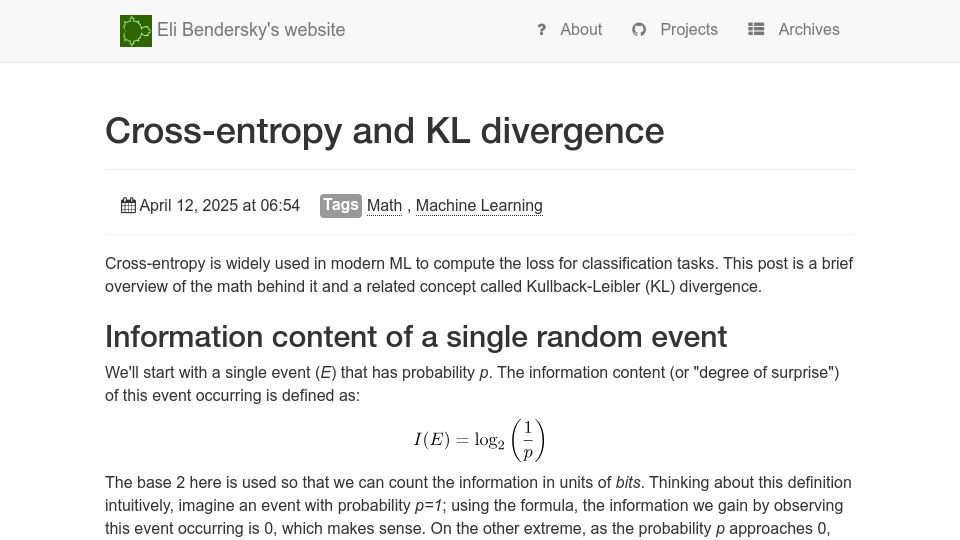Screenshot of eli.thegreenplace.net: Cross-Entropy and KL Divergence