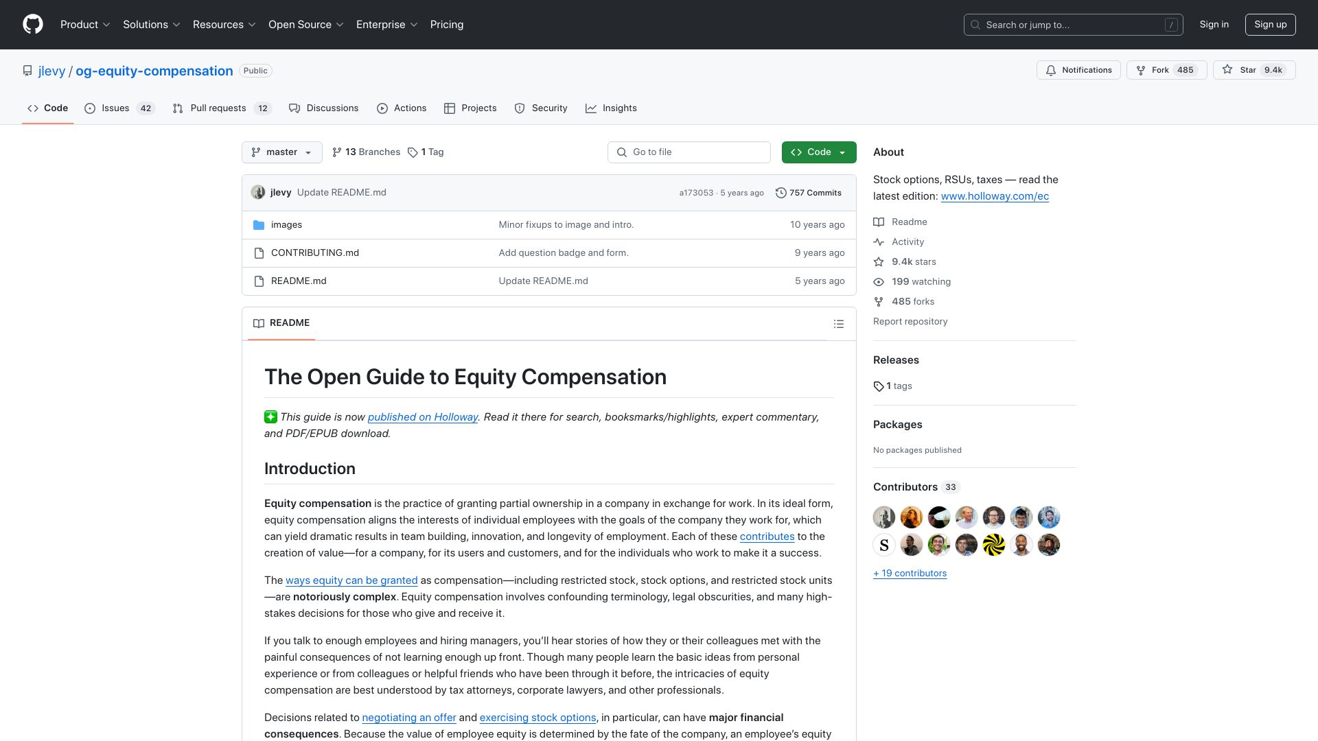 Screenshot of github.com: Open guide to equity compensation