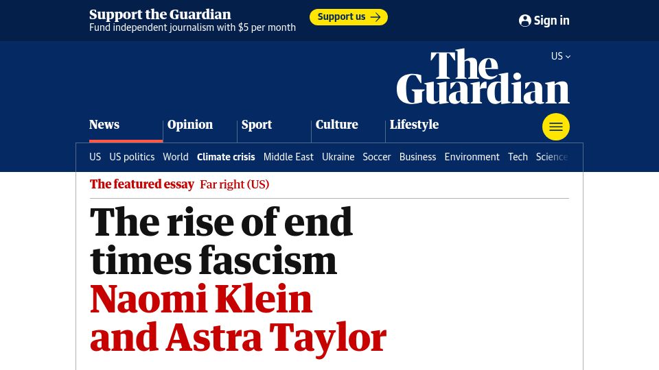 Screenshot of theguardian.com: The rise of end times fascism