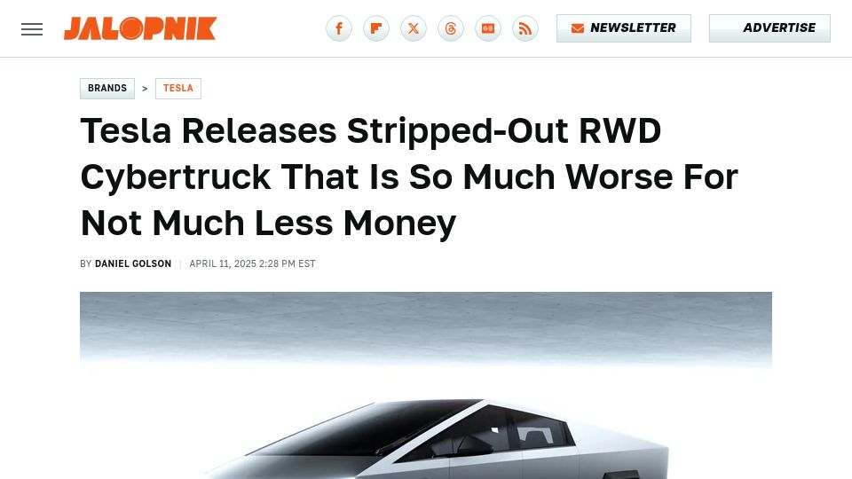 Screenshot of jalopnik.com: Tesla Releases Stripped RWD Cybertruck: So Much Worse for Not Much Less Money