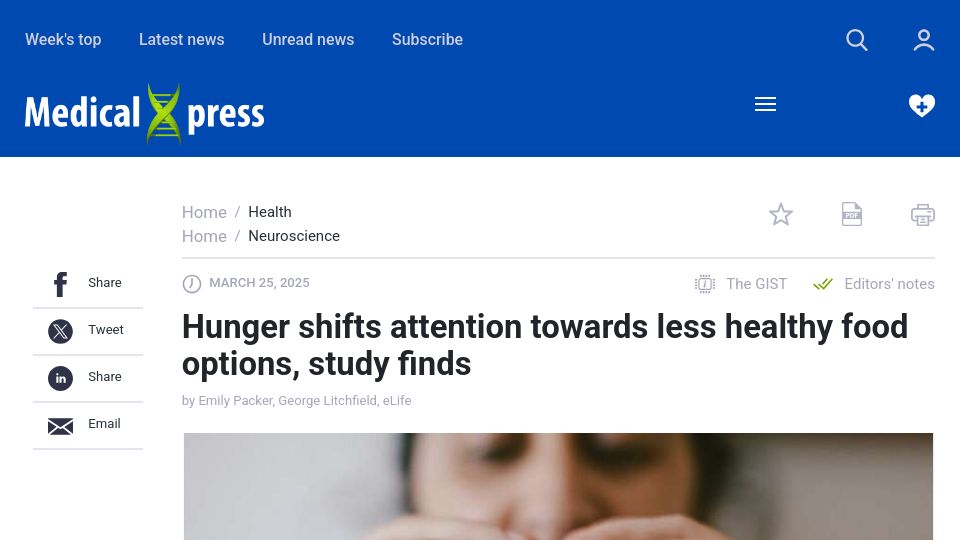 Screenshot of medicalxpress.com: Hunger shifts attention towards less healthy food options, study finds