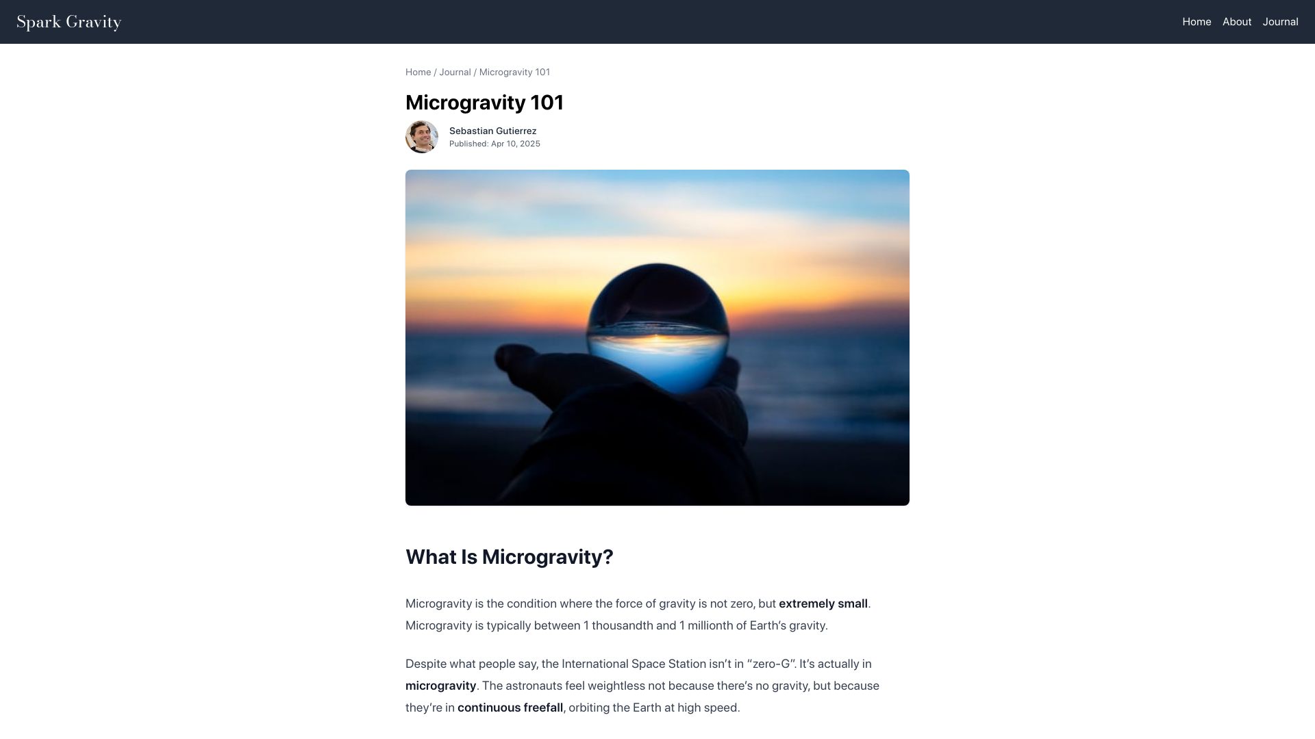 Screenshot of sparkgravity.com: Microgravity 101