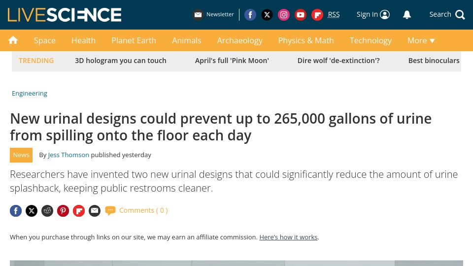 Screenshot of livescience.com: New urinal designs prevent 265,000 gallons of urine splashing onto the floor