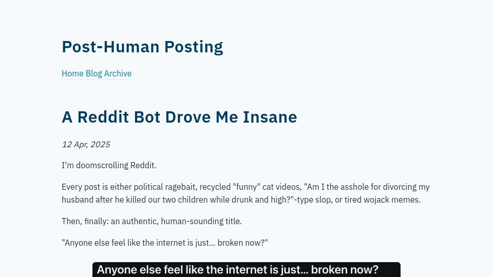Screenshot of posthuman.blog: A Reddit bot drove me insane