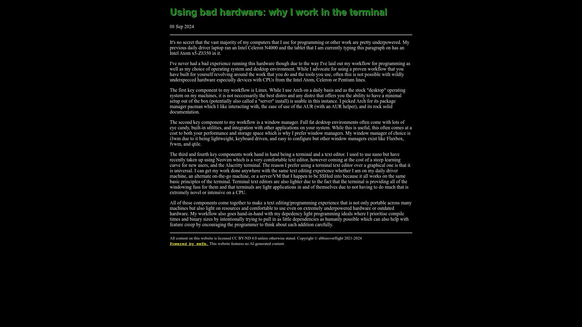 Screenshot of colean.cc: Using bad hardware: why I work in the terminal (2024)