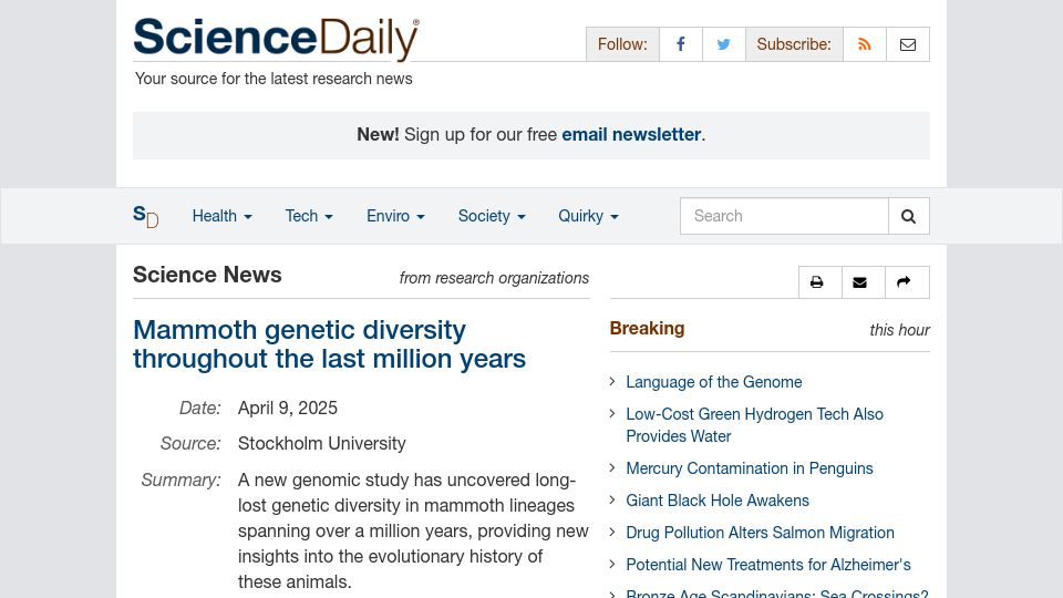 Screenshot of sciencedaily.com: Mammoth genetic diversity throughout the last million years
