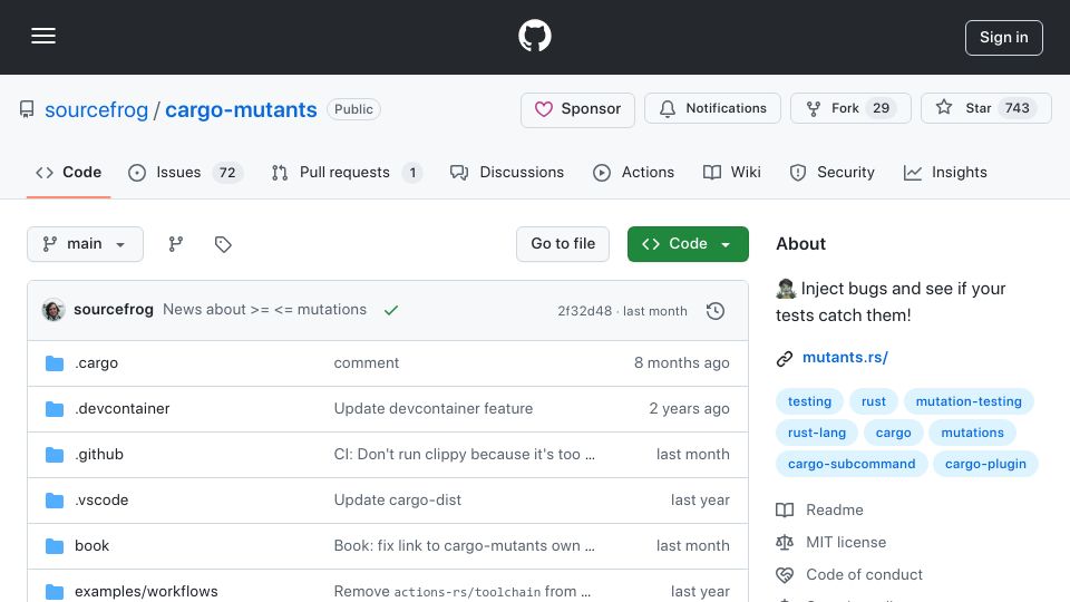 Screenshot of github.com: Cargo-mutants:zombie: Inject bugs and see if your tests catch them