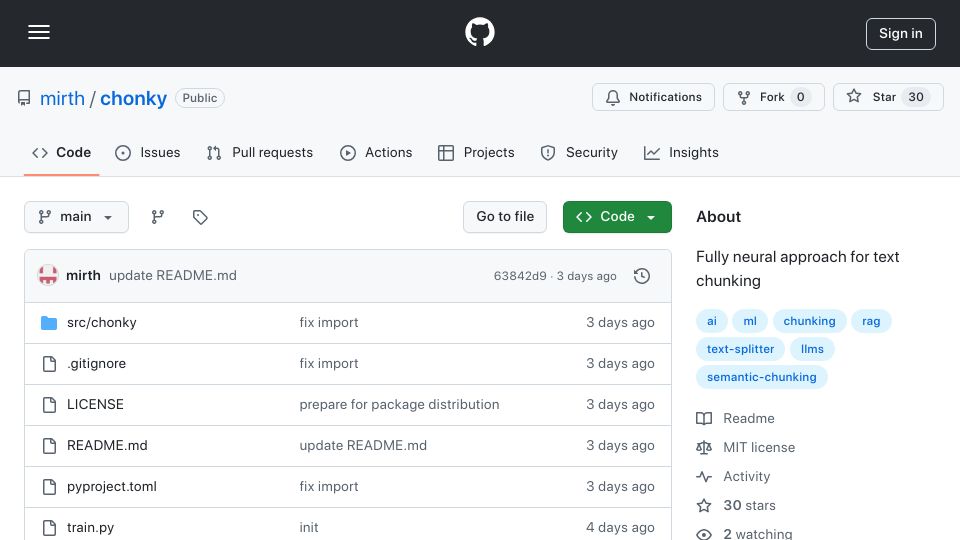 Screenshot of github.com: Show HN: Chonky – a neural approach for text semantic chunking