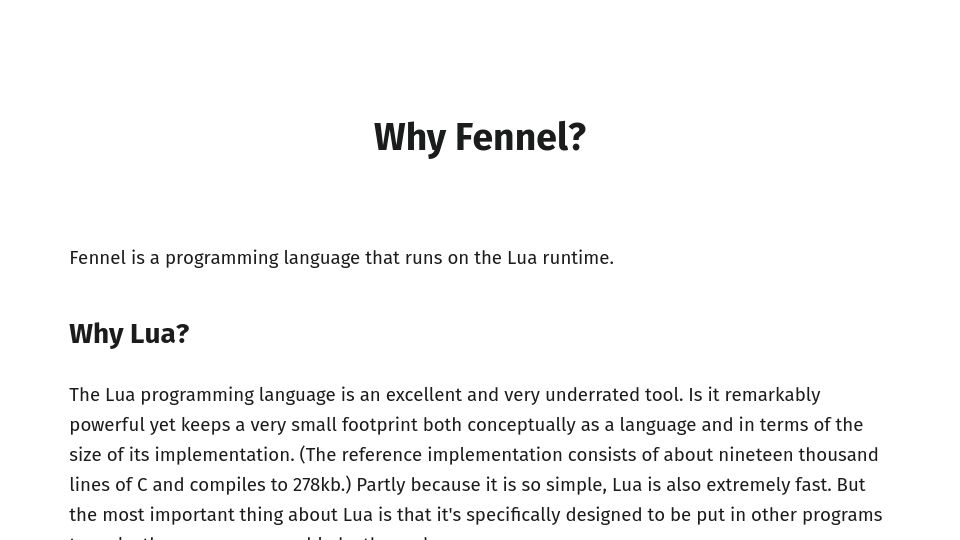 Screenshot of fennel-lang.org: Why Fennel?