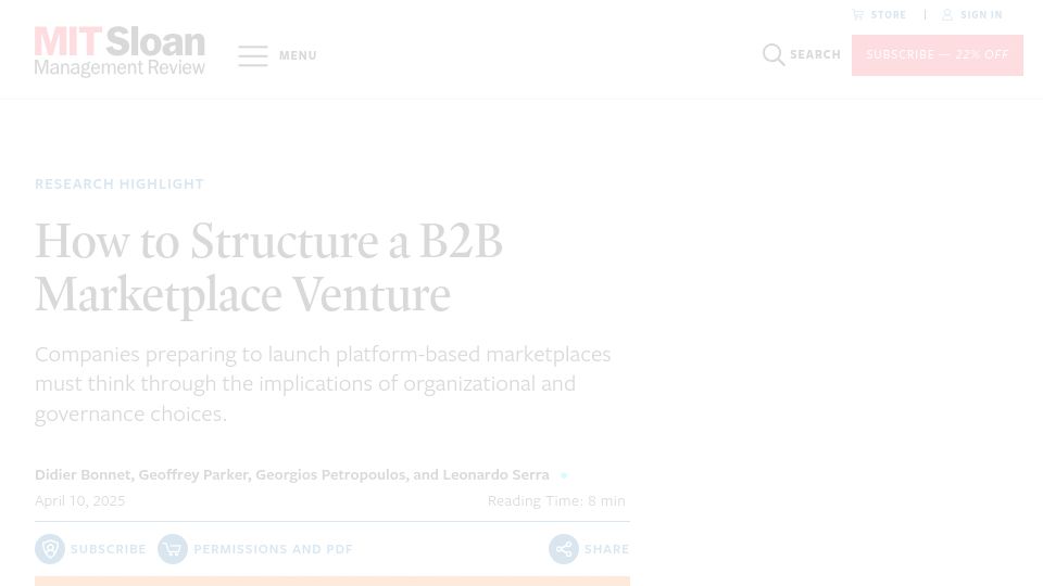 Screenshot of sloanreview.mit.edu: How to Structure a B2B Marketplace Venture