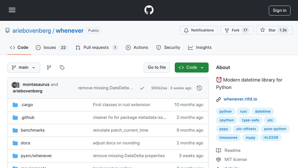 Screenshot of github.com: Whenever – typed and DST-safe datetimes for Python