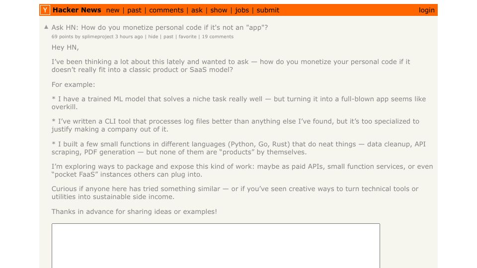 Screenshot of Hacker News post: Ask HN: How do you monetize personal code if it's not an "app"?