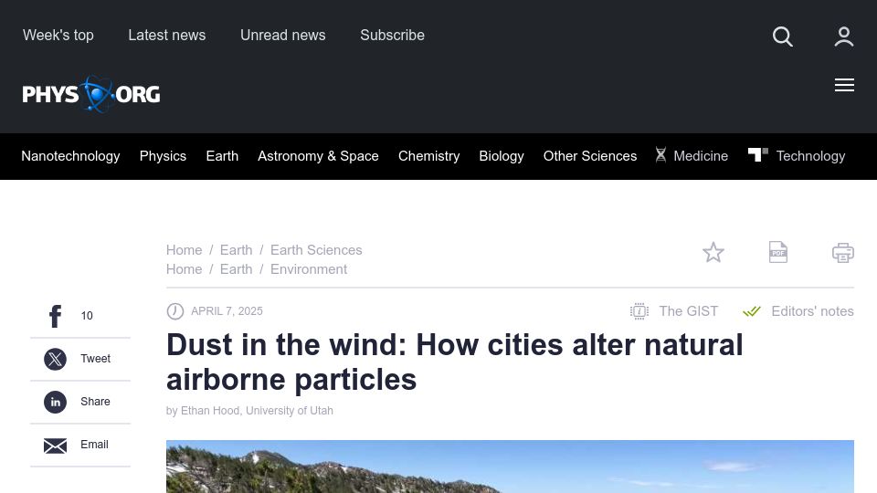Screenshot of phys.org: Dust in the wind: How cities alter natural airborne particles