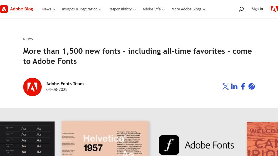 Screenshot of blog.adobe.com: More than 1,500 new fonts – including all-time favorites – come to Adobe Fonts