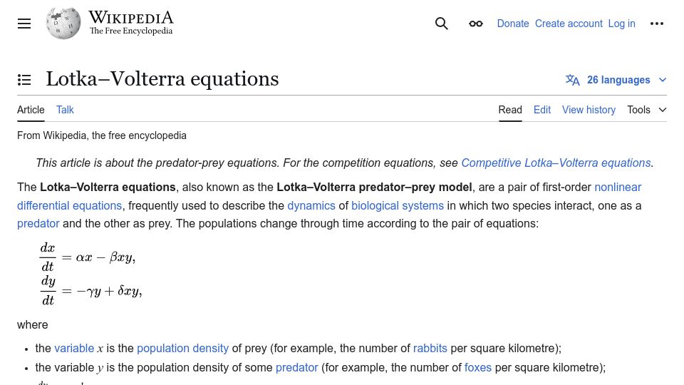 Screenshot of en.wikipedia.org: Lotka–Volterra Equations