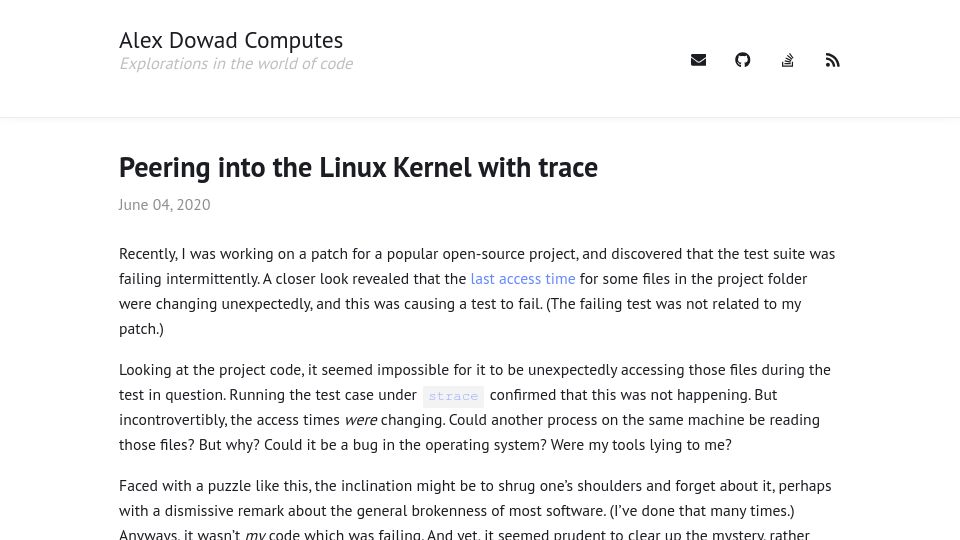 Screenshot of alexdowad.github.io: Peering into the Linux Kernel with Trace