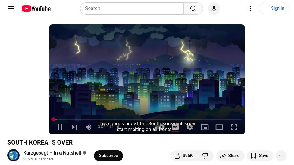 Screenshot of youtube.com: South Korea Is over [video]