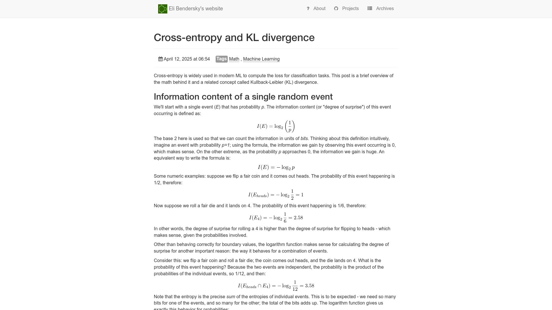Screenshot of eli.thegreenplace.net: Cross-Entropy and KL Divergence