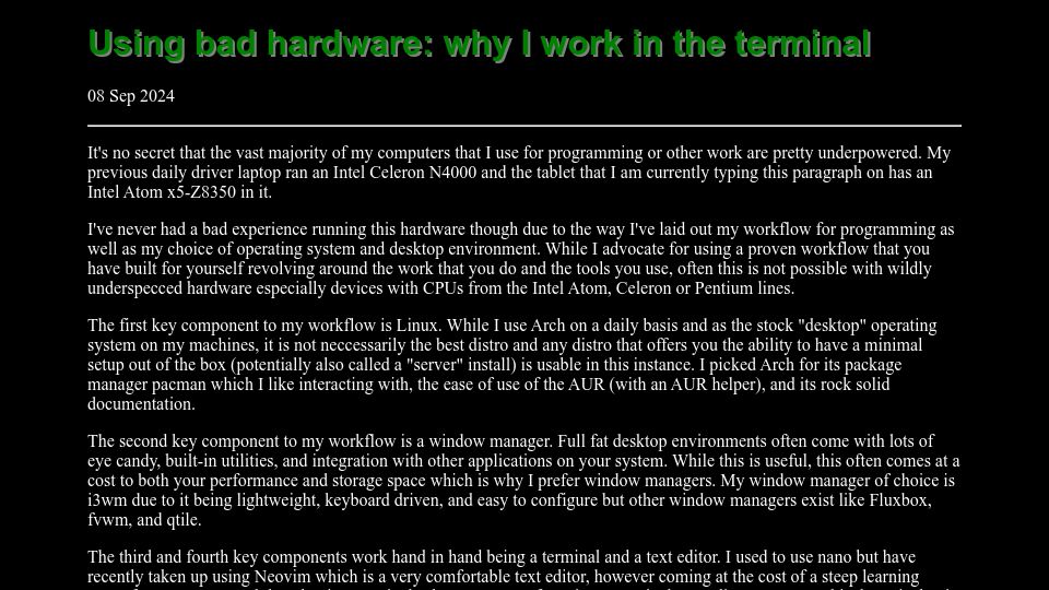 Screenshot of colean.cc: Using bad hardware: why I work in the terminal (2024)