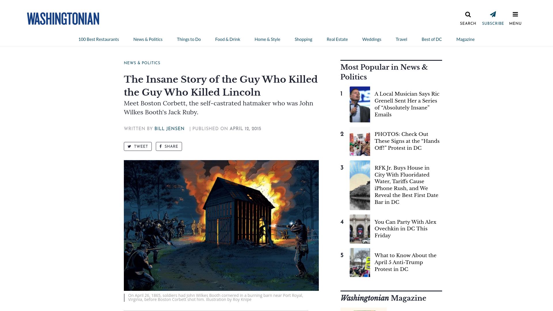 Screenshot of washingtonian.com: The self-castrated hatmaker who killed John Wilkes Booth (2015)