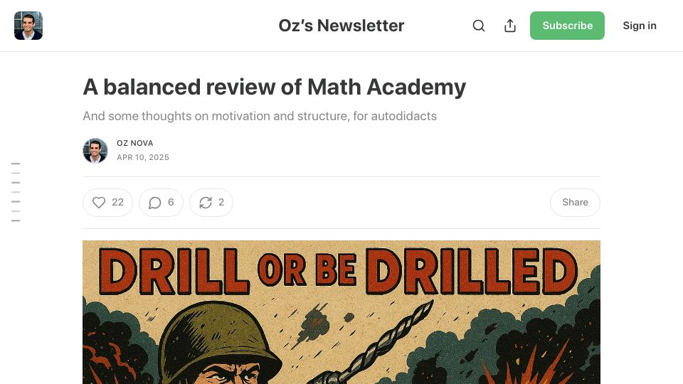 Screenshot of newsletter.ozwrites.com: A balanced review of Math Academy