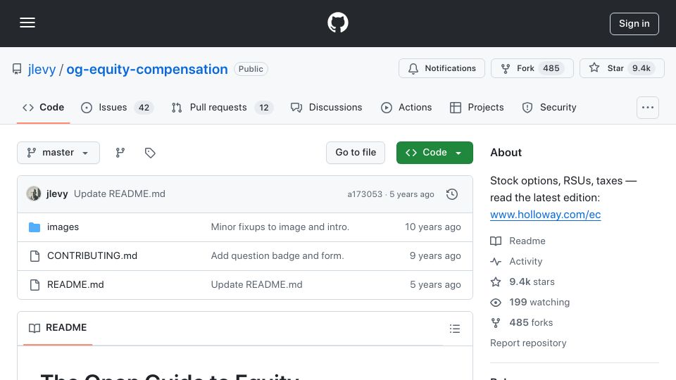 Screenshot of github.com: Open guide to equity compensation