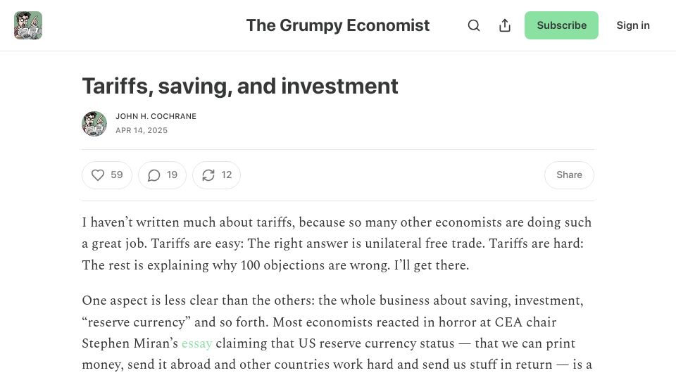 Screenshot of grumpy-economist.com: Tariffs, Saving, and Investment
